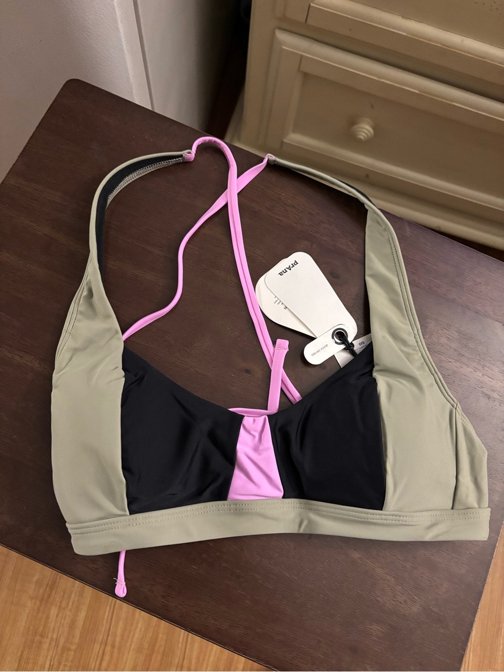 BNWT Prana Black, Olive & Pink Colorblock Bikini Top, called Tulum Top, small